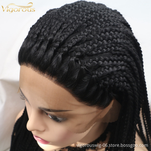 Long straight black brown cheap wholesale high guality heat resistant synthetic braided wig with lace front